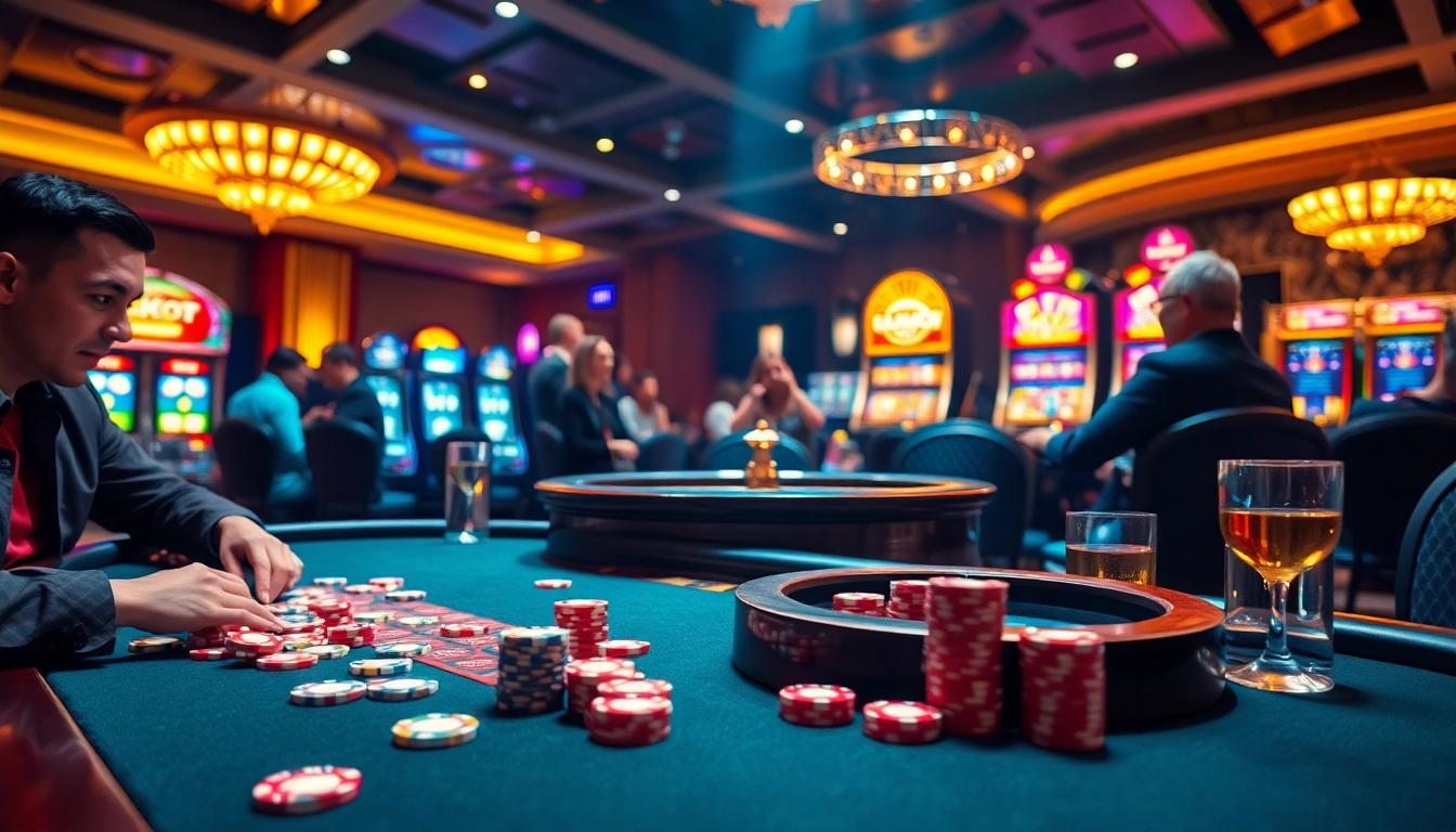 Players enjoy a thrilling game at gojekpot's luxurious poker table, chips flying in excitement.
