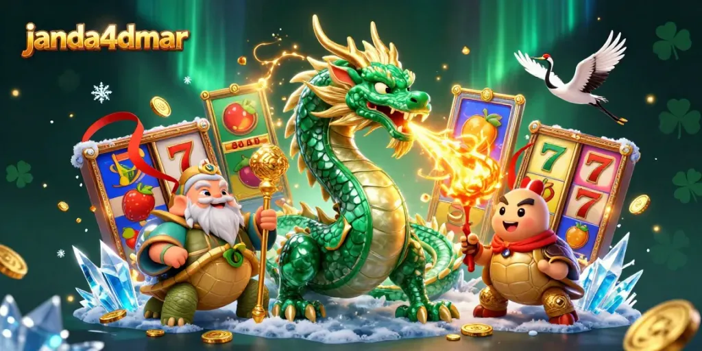 Gambarlah janda4dmar yang menampilkan naga zamrud besar dan simbol slot yang mengelilingi