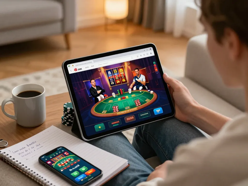 Engaged player using tr88 online casino application on a tablet at home with strategy notes.