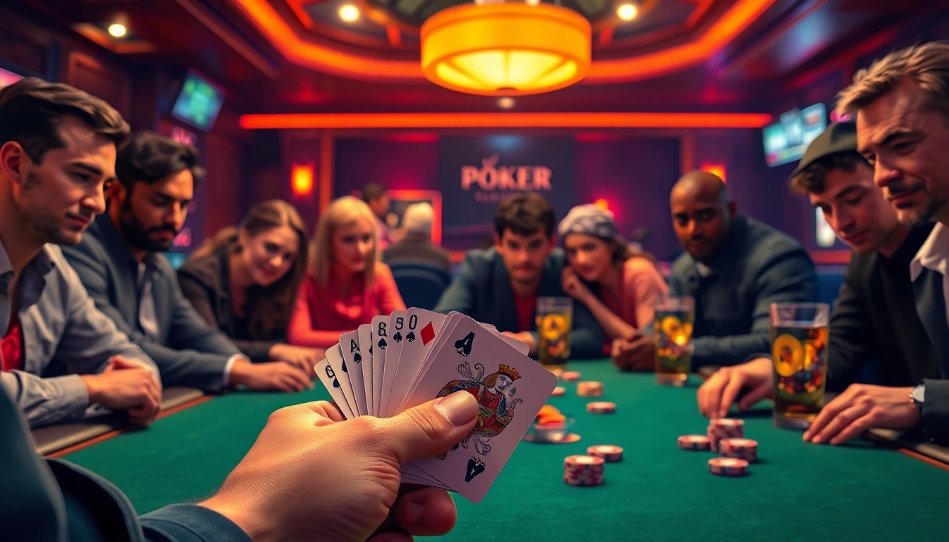 Engaging image of a dynamic Poker Game showing players in action with vibrant casino lighting.