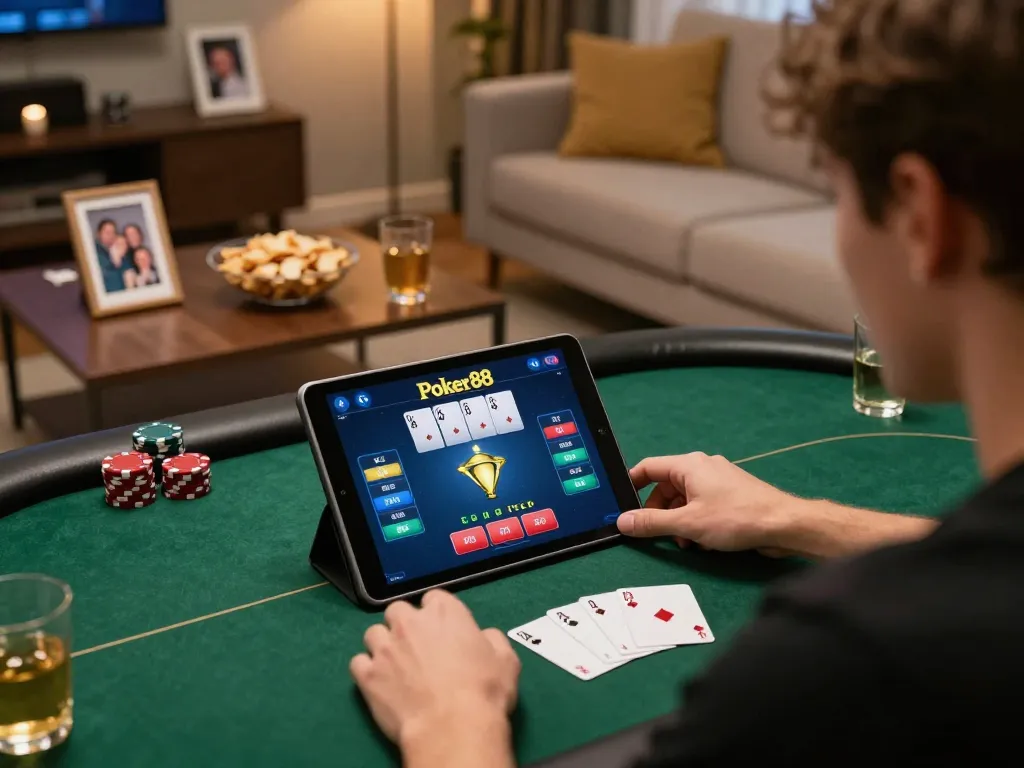 Player engaged in an exciting Poker88 online game at home, showing cards and betting options.