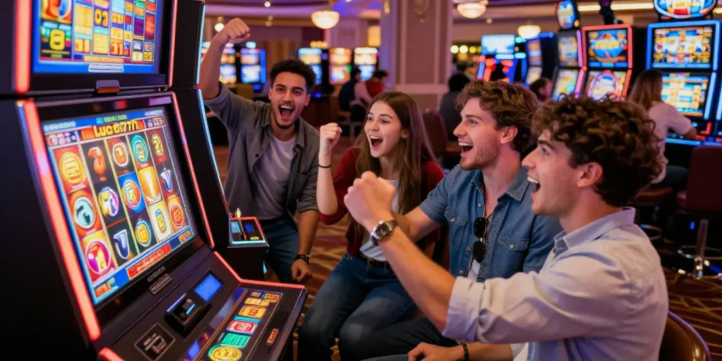 Friends celebrating at a Lucky777 slot machine in a lively casino, showcasing excitement and camaraderie.