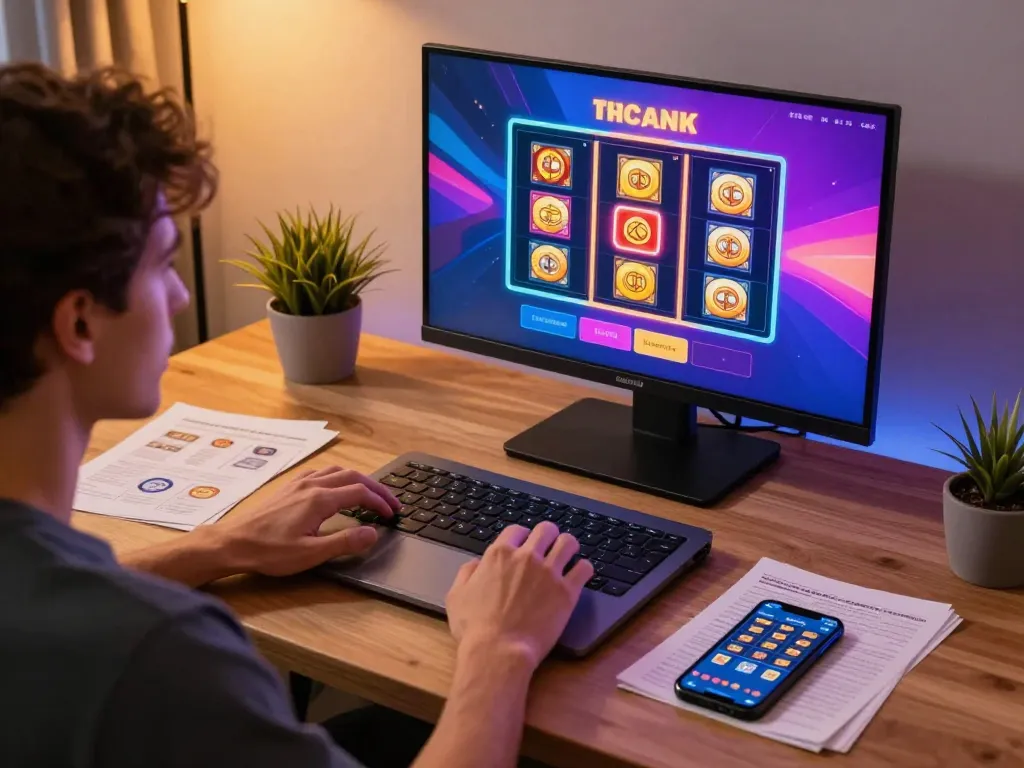 Engaged user playing nk88 on a laptop, showcasing responsible gambling strategies and exciting gameplay.