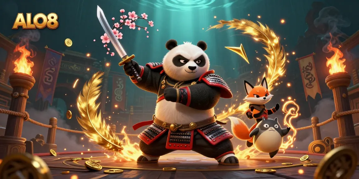 Engage with ALO8's thrilling casino experience featuring a dynamic 3D scene with a samurai panda and ninja fox.