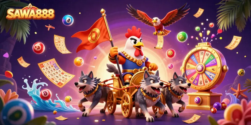 SAWA888 unleashes excitement with a 3D rooster warlord and dynamic lottery elements!