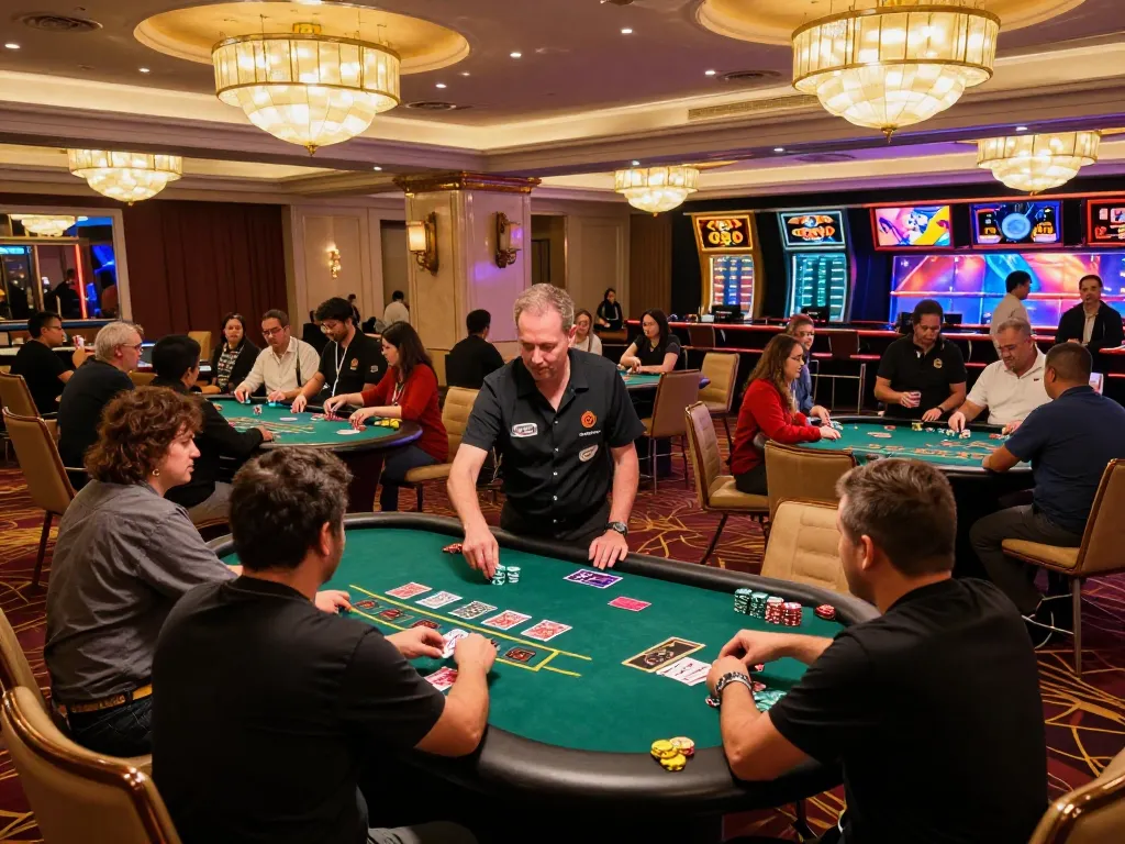 Players enjoying dynamic blackjack games at the GO8 casino floor, showcasing vibrant action.