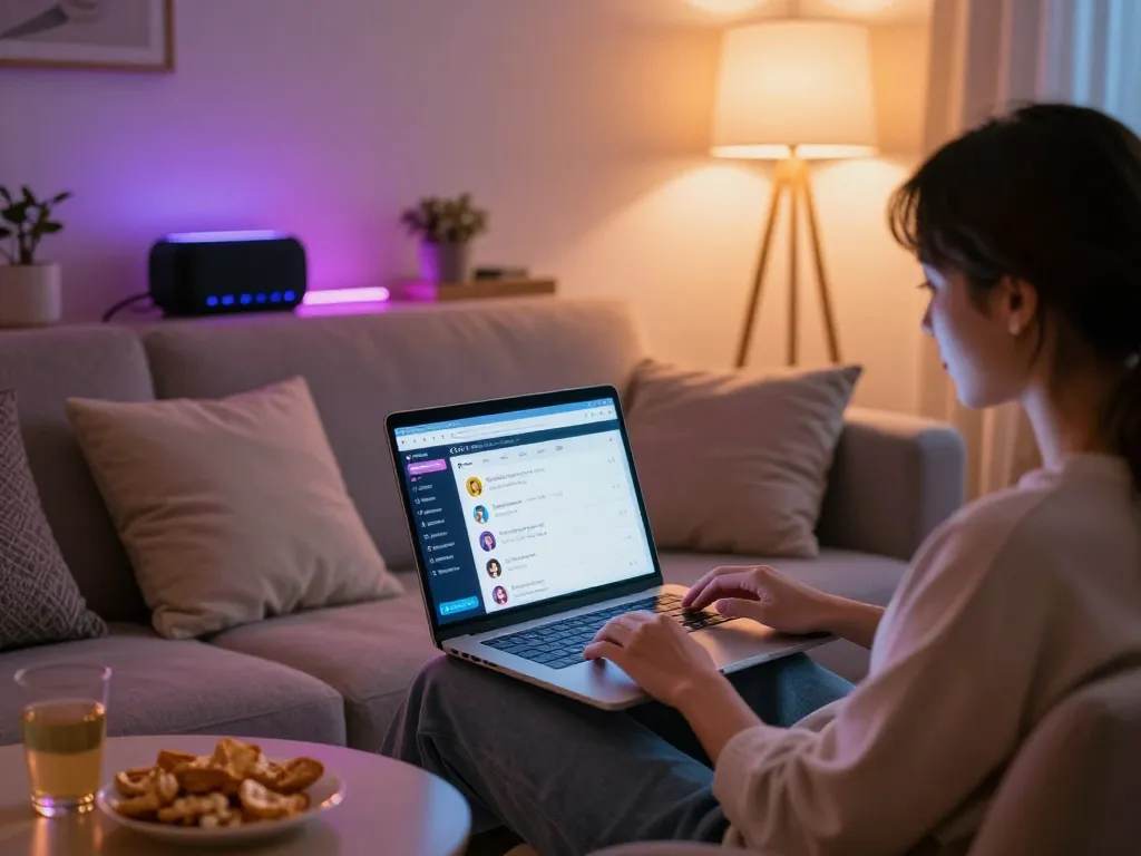 Engaging NSFW AI chat experience showcasing a cozy setup with colorful lighting and personal touches.