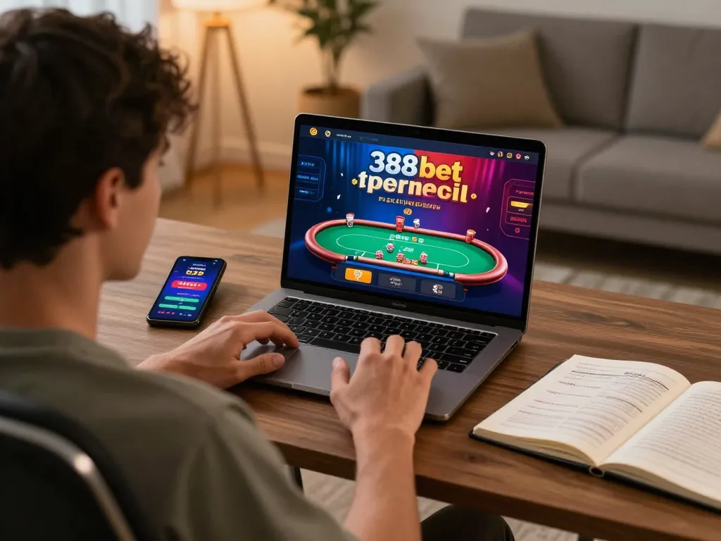 Engaging online poker game session on 388bet platform, showcasing responsible gambling in a cozy home environment.