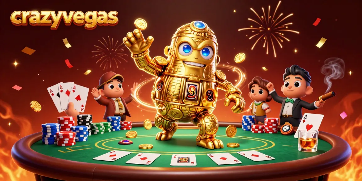 Crazyvegas-themed casino scene showcasing a golden golem amidst vibrant poker elements and confetti.