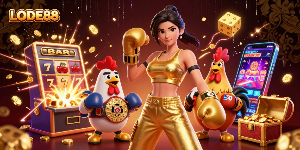 Experience the thrill of LODE88 with an exciting 3D casino scene featuring a champion woman and rooster.