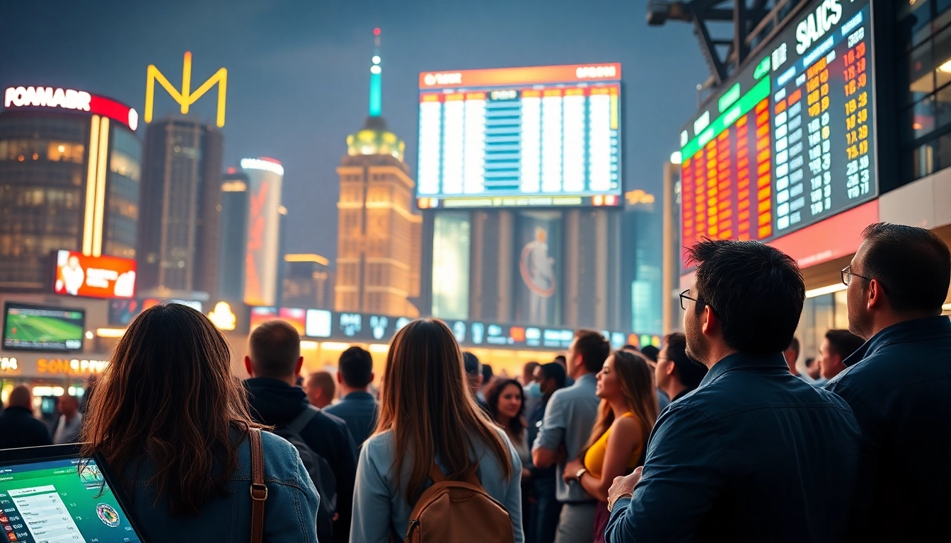 Engaging sports betting scene with bettors analyzing odds in an exciting atmosphere.