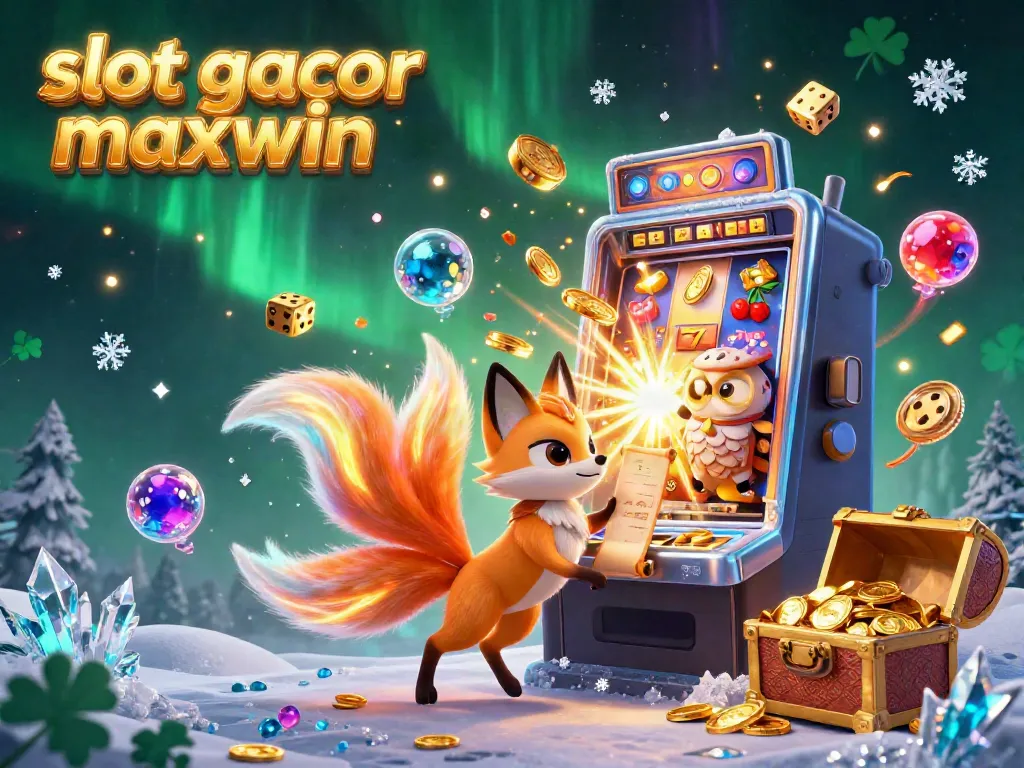 Slot gacor maxwin dengan karakter kartun cerah dan mesin slot berkilauan penuh koin.