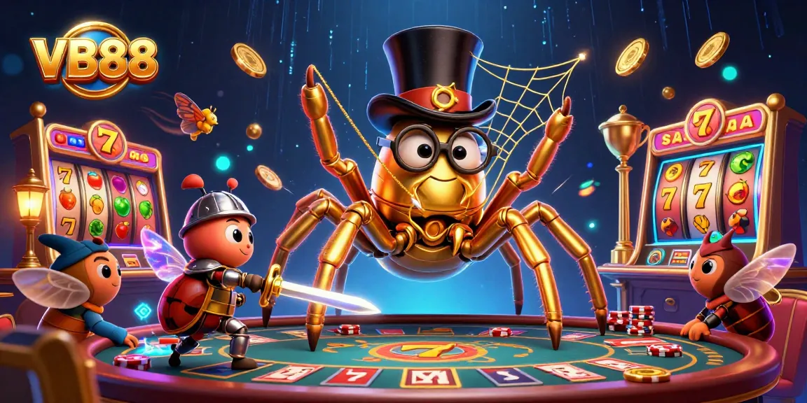 VB88 captures thrilling slots action with a golden tarantula and beetle knight in an electrifying casino scene.