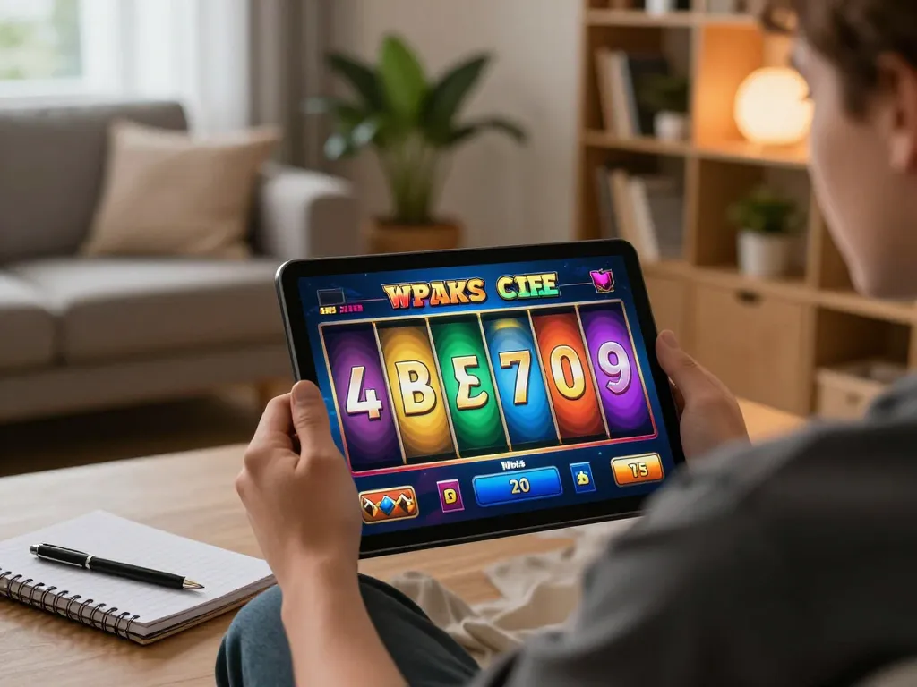 Player engaging with exciting online slot game on tablet in cozy living room.