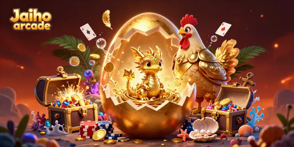 Experience the excitement of Jaiho arcade with vivid treasures, poker chips, and enchanting golden dragon elements.