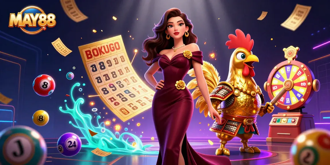 MAY88 showcases a glamorous woman and a golden rooster warrior among lively lottery elements, enhancing the gaming experience.