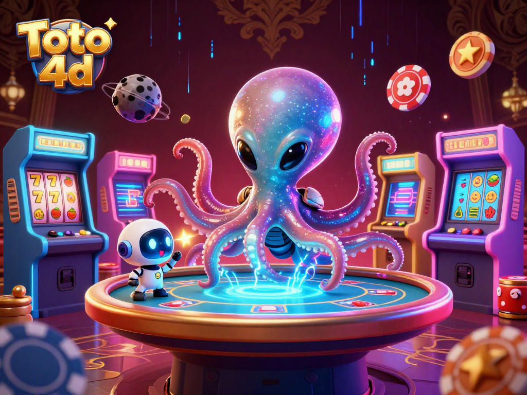 Engage with Toto 4d in a vibrant casino adventure featuring a unique alien octopus and neon game elements.