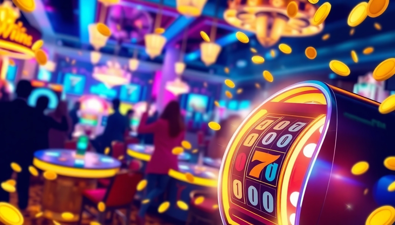 Slot Game yang menarik dengan mesin slot berkilauan di kasino yang ramai.