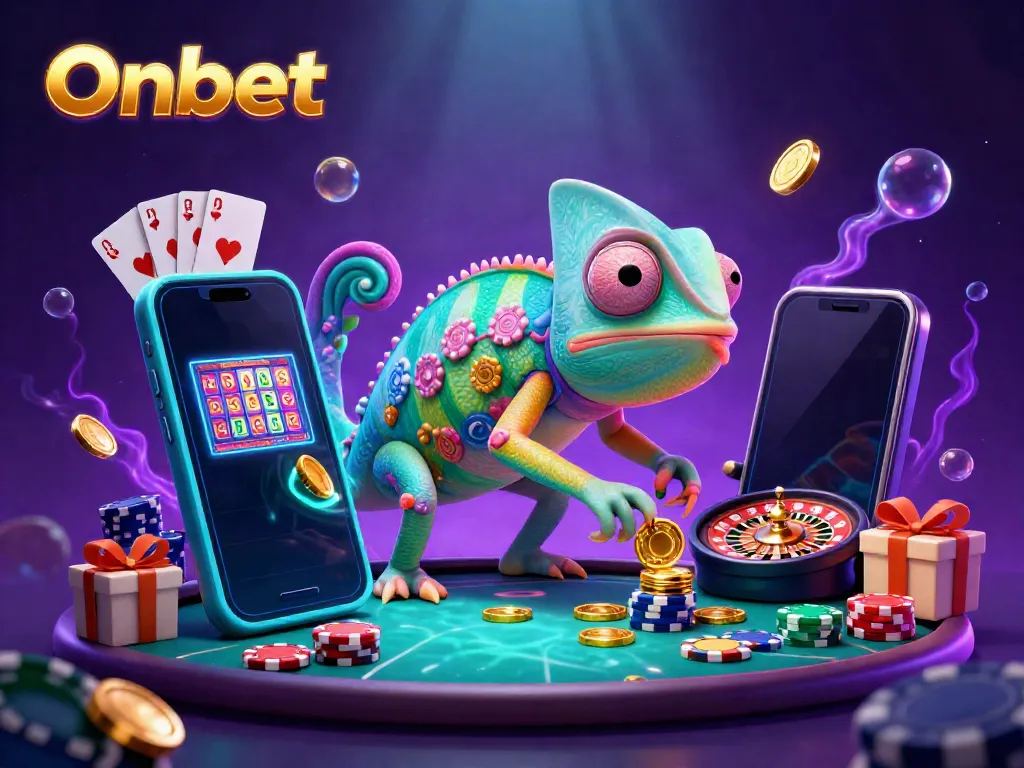 Experience the thrill of Onbet with a chameleon casino owner surrounded by dynamic gaming elements.