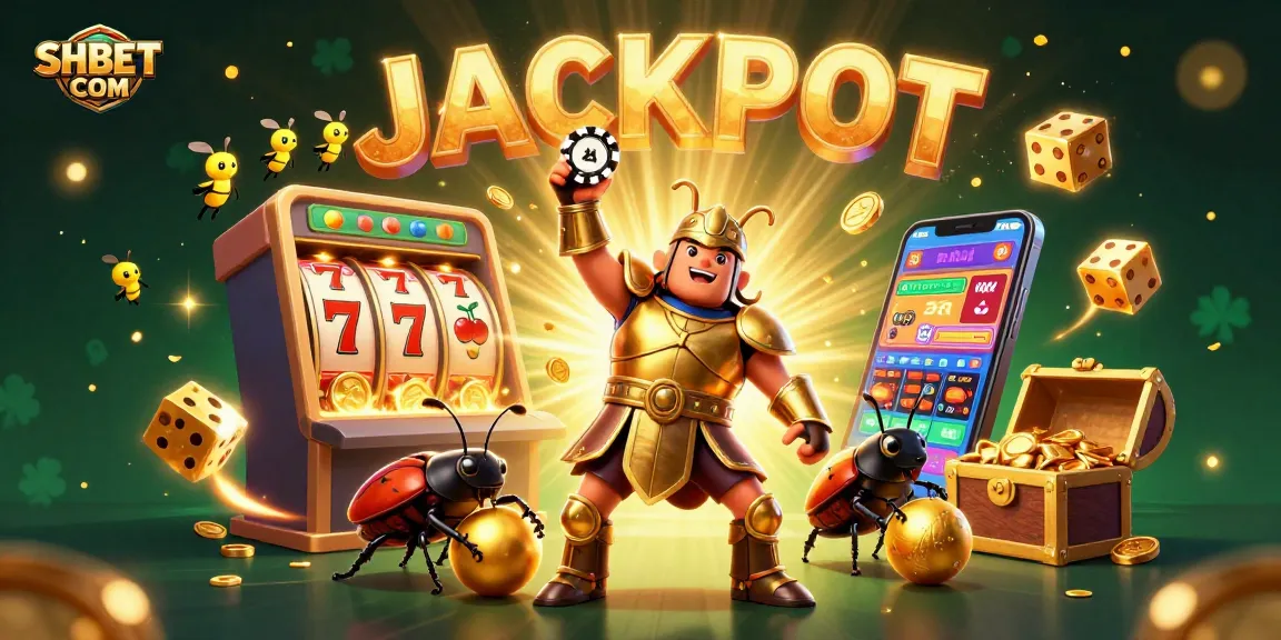 Experience the thrill of winning with SHBET COM as beetles celebrate a jackpot amidst vibrant casino elements.