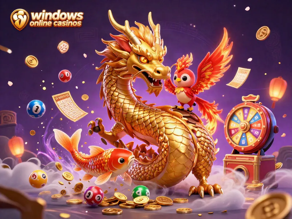Engage with vibrant scenes of windows online casinos featuring a dragon, phoenix, and koi fish amidst dynamic gambling elements.