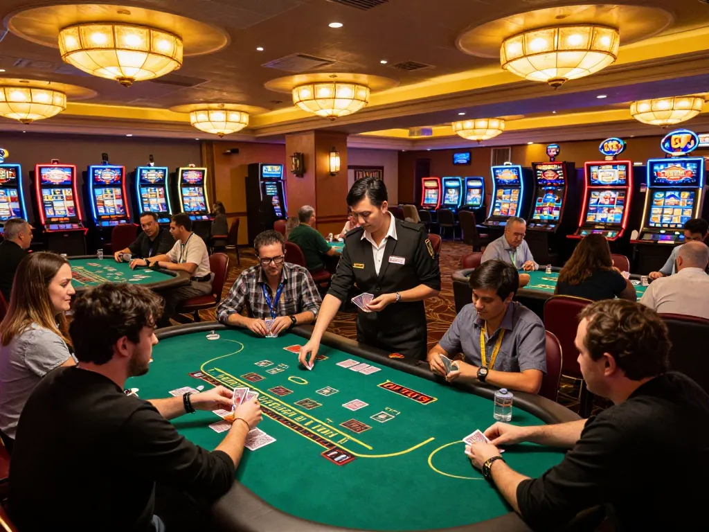 Engaged players at a blackjack table strategizing their moves at OKFUN casino