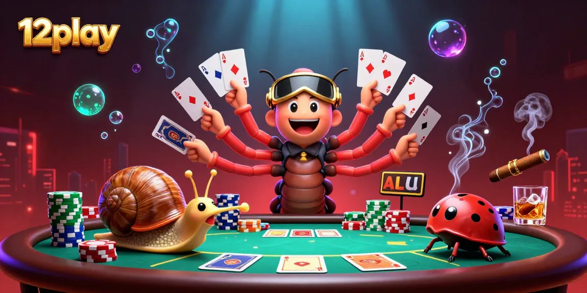 Experience thrilling poker action with 12play's vibrant digital casino illustration featuring a whimsical millipede dealer.
