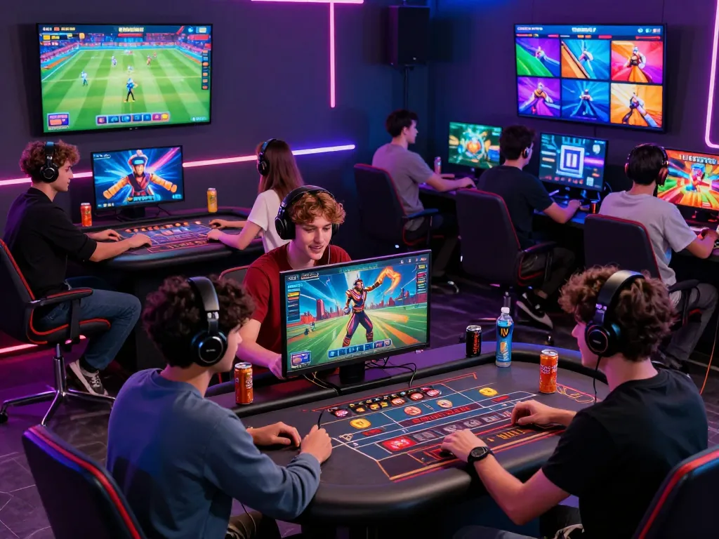 Young adults engaging in various games on nk88 online platform, showcasing vibrant gaming interface.