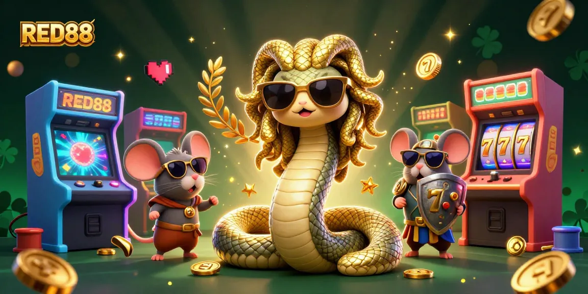 Engage with RED88 at this vibrant casino scene featuring Medusa and a warrior mouse amidst game machines.
