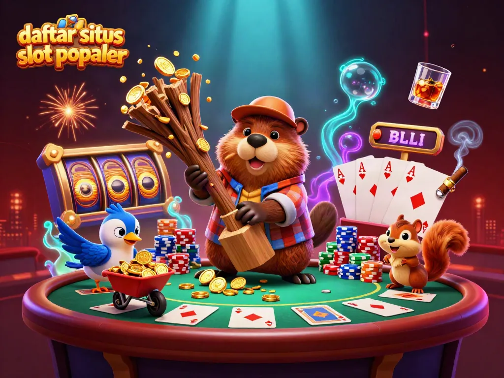 Menampilkan daftar situs slot populer dengan beaver pemotong pohon yang menghasilkan koin emas dan simbol slot yang berputar.