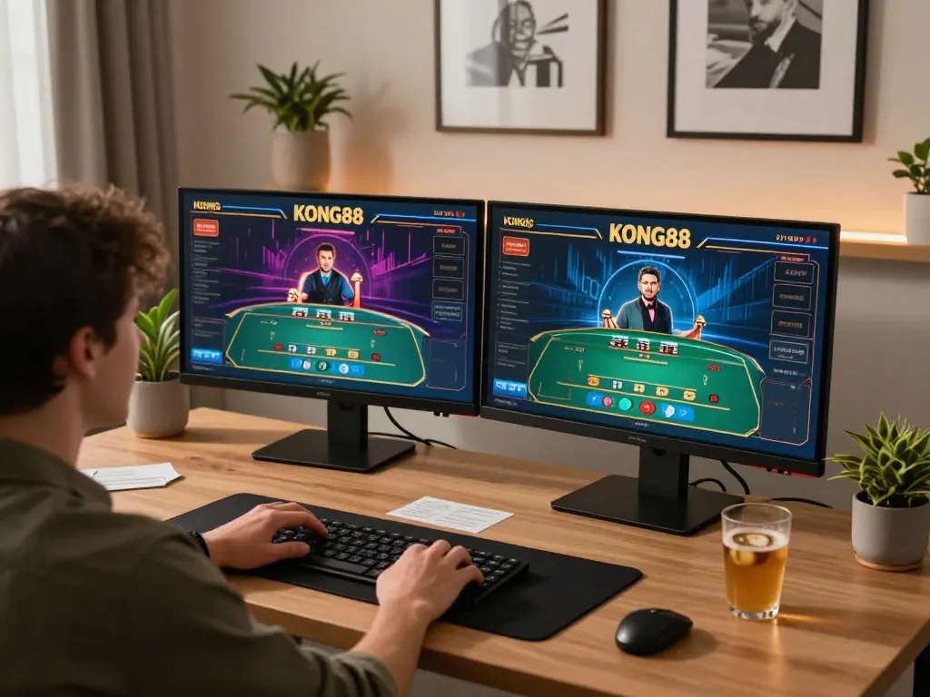 KONG88 online casino player engaged in live dealer game with notes on responsible gambling.
