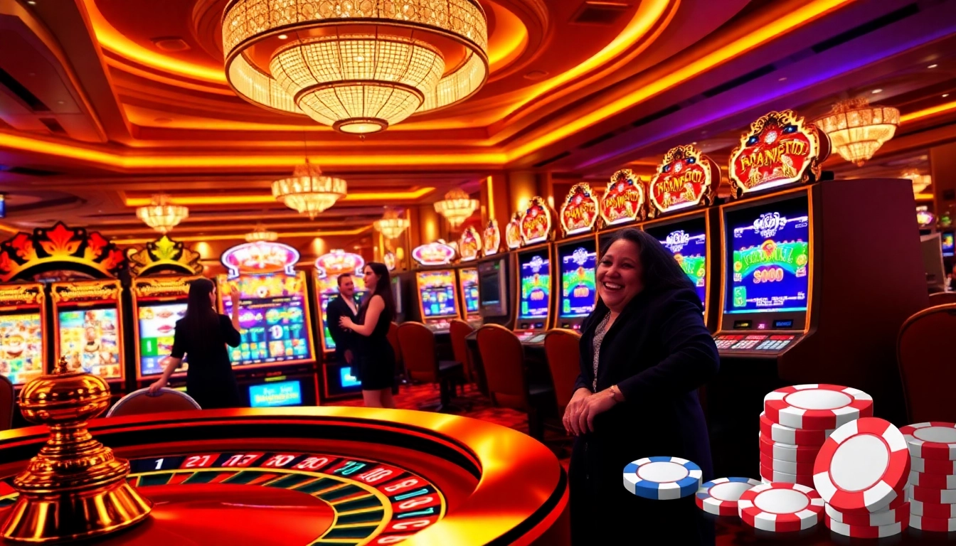 Engaging players testing their luck at slot online apiraja88 among luxurious casino visuals.