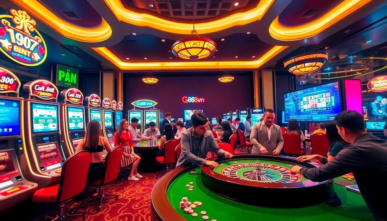 Engage with Go88vn at a luxurious casino filled with vibrant slot machines and roulette tables.