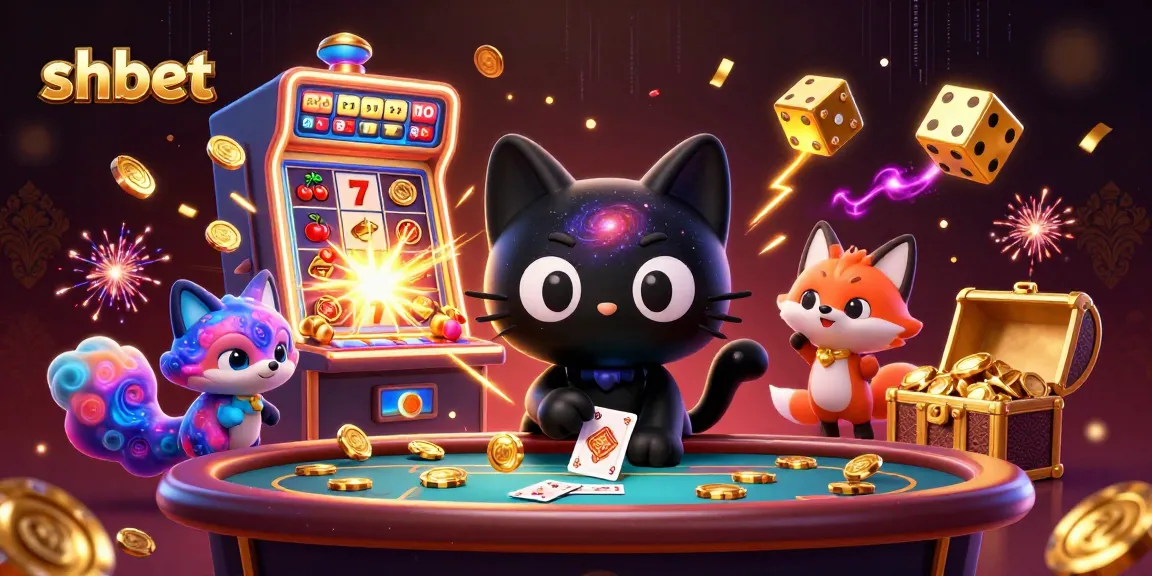 Experience shbet's cosmic casino allure with a black hole cat pulling in chips and cards amidst colorful gaming elements.