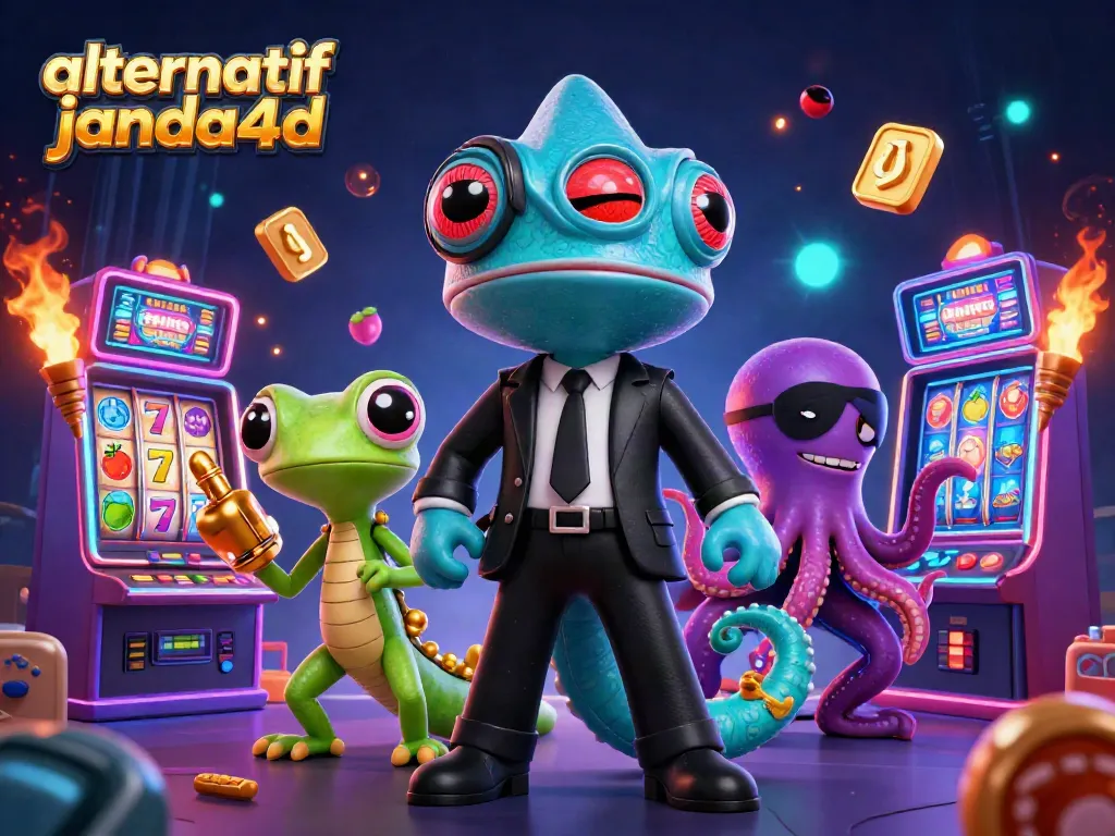 Menggandakan kesenangan bermain di alternatif janda4d dengan chameleon berpakaian rapi dan karakter menarik lainnya.
