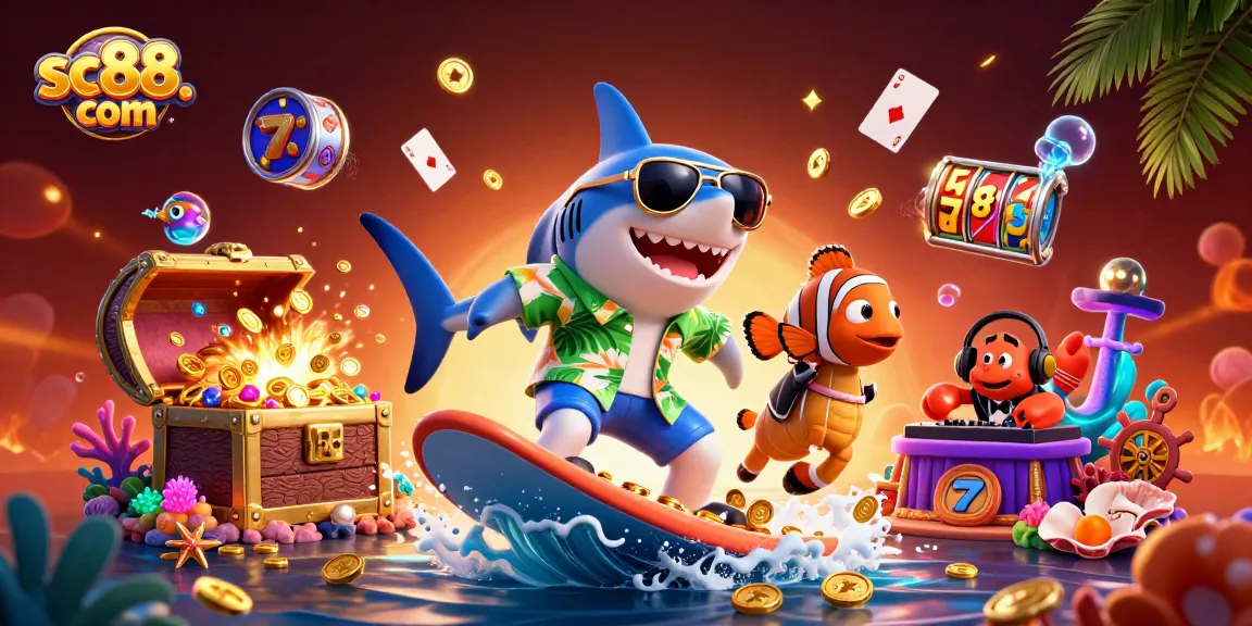Engage with thrilling slots on sc88. com as a shark surfs gold coins amidst vibrant casino elements.