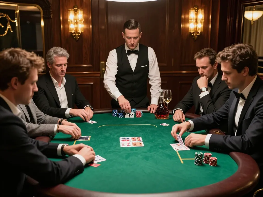 five88 poker players strategizing in an upscale game room, capturing high-stakes excitement.