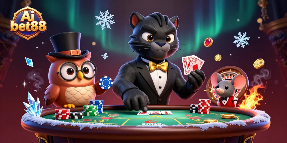 Engaging scene of Ai bet88 with a tuxedo-clad panther dealing cards, an owl with poker chips, creating excitement in a casino.