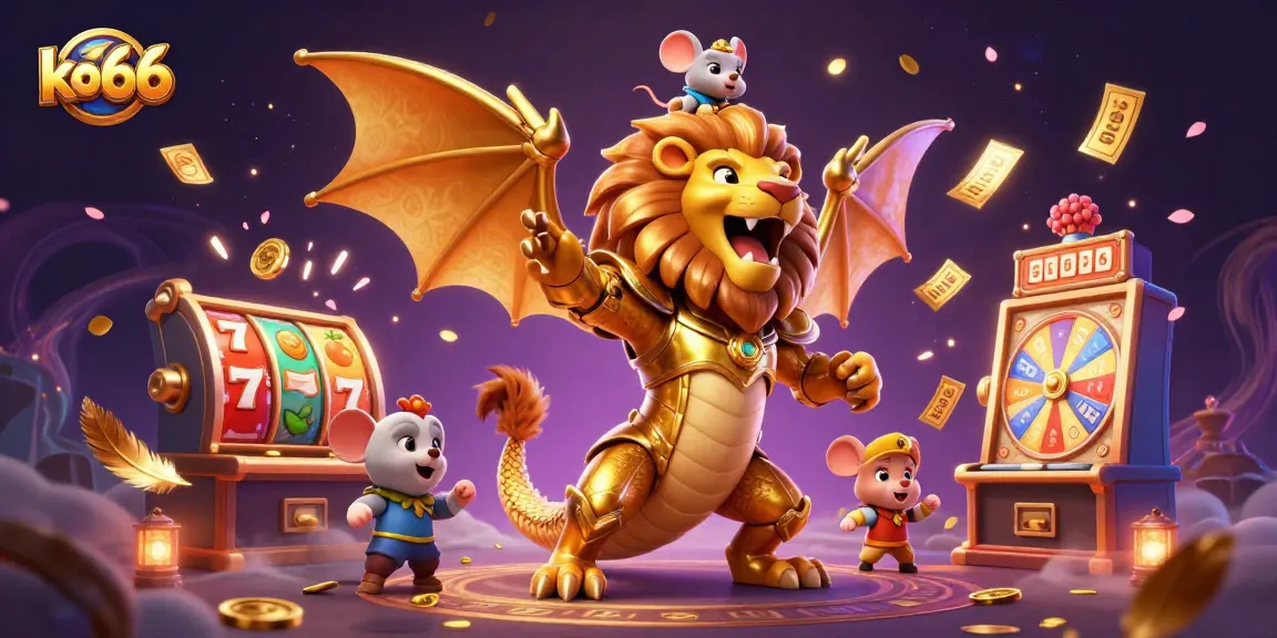 Experience the excitement of ko66 as a chimera roars amidst slot reels and golden tickets.