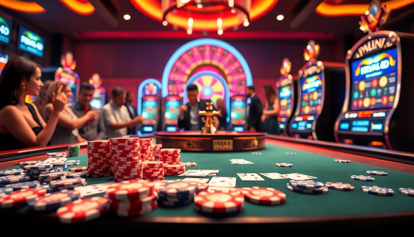 Excited players engaging with a luxurious gaming table featuring viral4d elements, showcasing thrilling casino atmosphere.