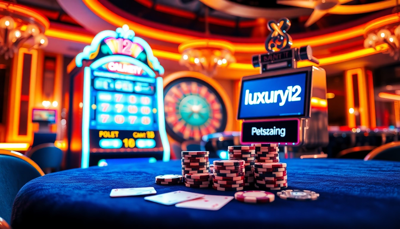Experience the excitement of luxury12 casino with vibrant slot machines and poker chips.