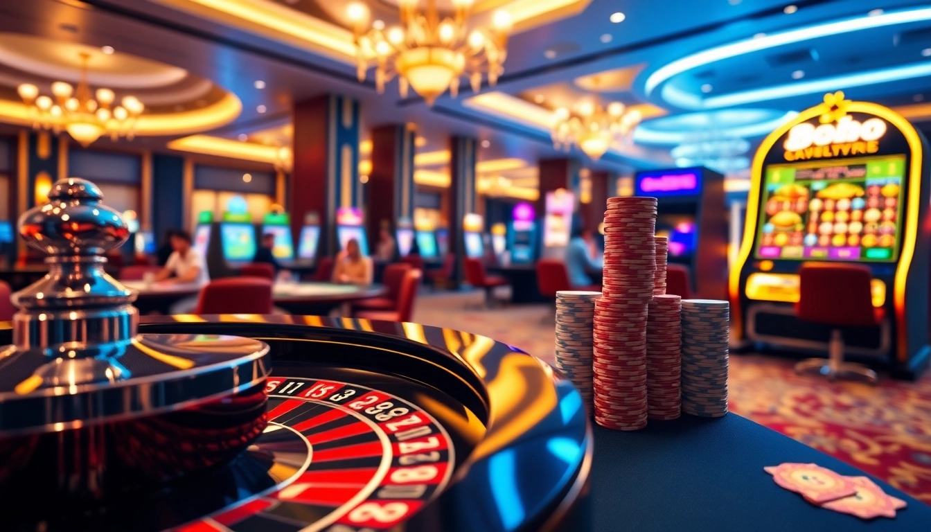 Experience the excitement of bro138 with vibrant gambling visuals, featuring roulette wheels and poker chips.