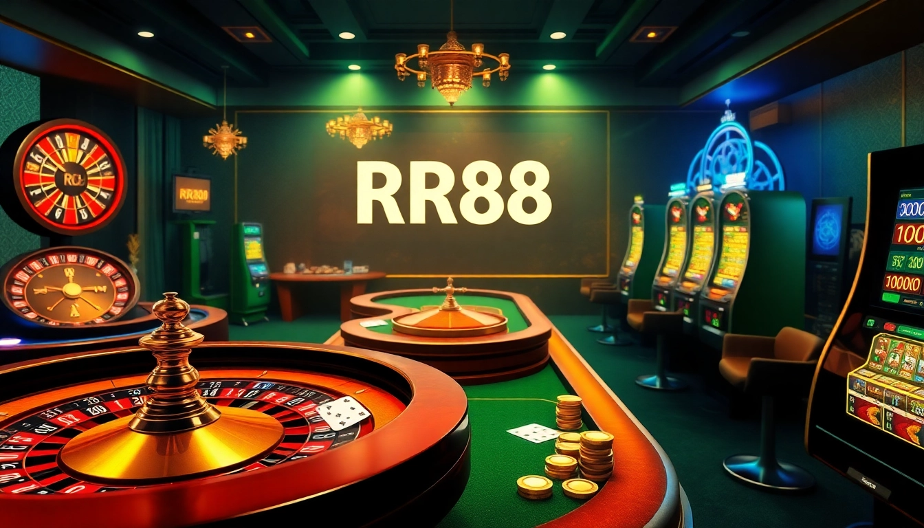Exciting RR88 Auction casino interface with vibrant slot machines and roulette wheels