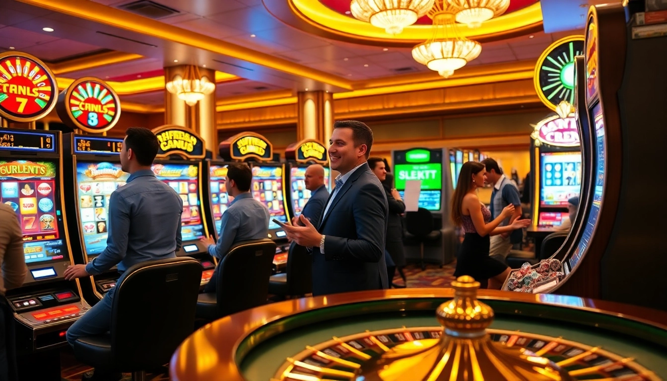 Players enjoying slot online apiraja88 in a vibrant casino atmosphere with luxurious slot machines.