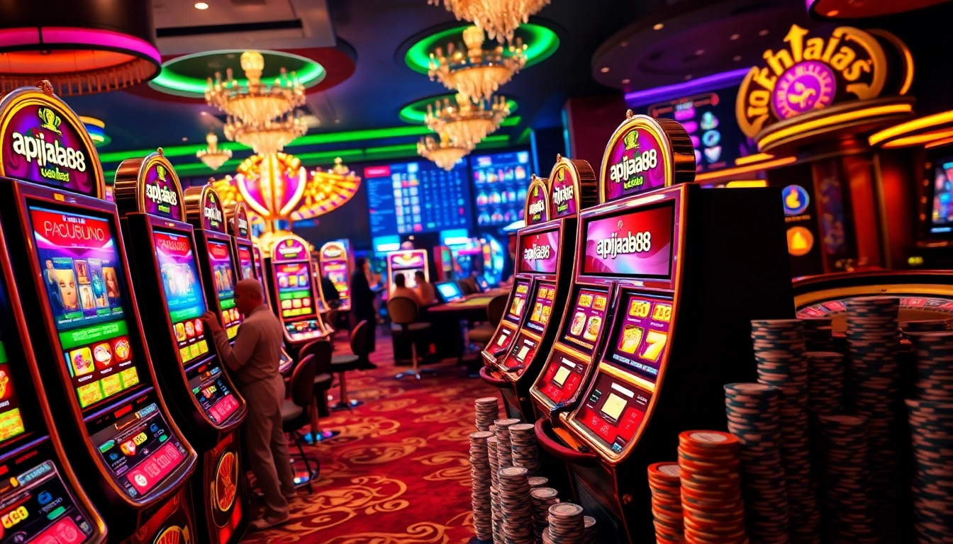 Excited players enjoying slot online apiraja88 at a vibrant casino filled with bright lights.