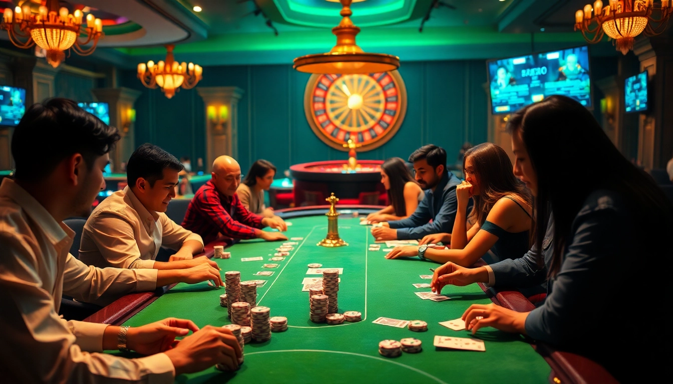 Pahala4d players engaging at a luxury casino poker table, showcasing excitement and high stakes.