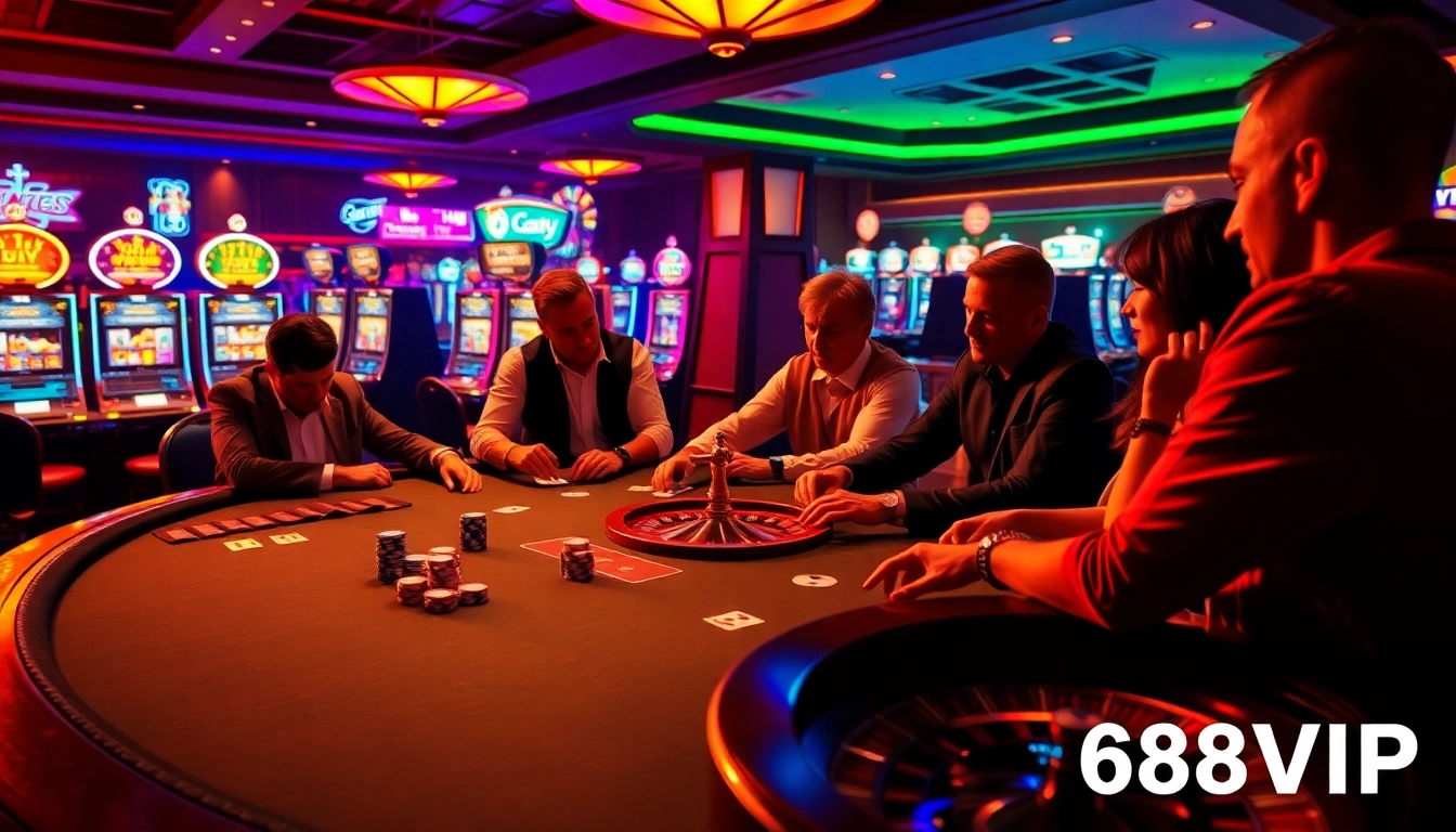 Experience high-stakes poker at 68VIP casino, showcasing vibrant chips and luxurious ambiance.