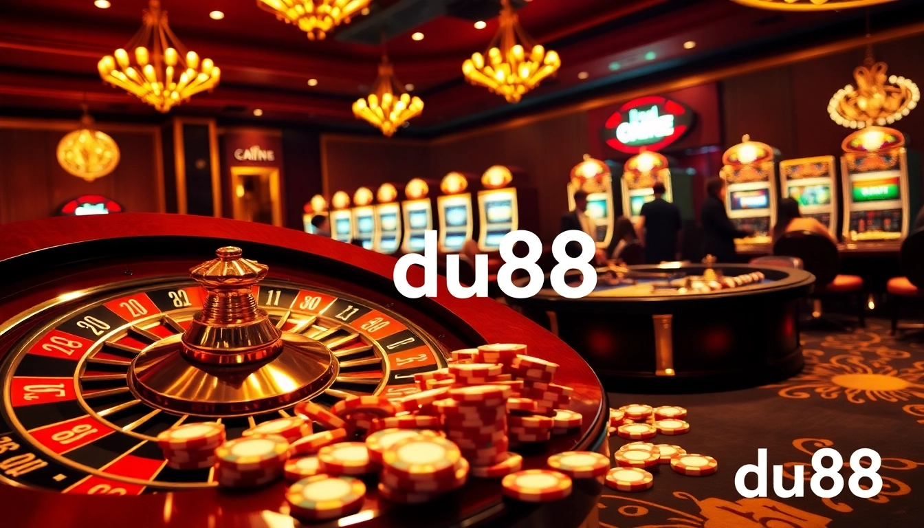 Experience the thrill of gambling at du88 with a luxurious casino scene showcasing roulette and poker action.