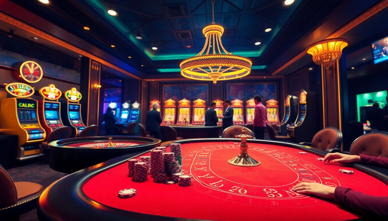 Players engage eagerly at the high-stakes poker table at 68VIP, surrounded by vibrant casino elements.