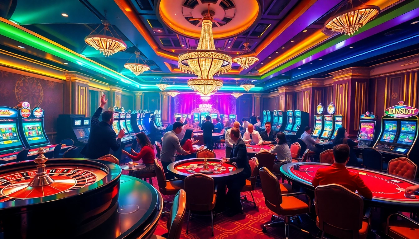 Experience thrilling wins at IDNSLOT, showcasing a vibrant casino with players at slot machines.
